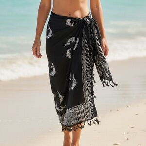 Sarong Beach Wrap Scarf Coverup w Fringe in Black & White